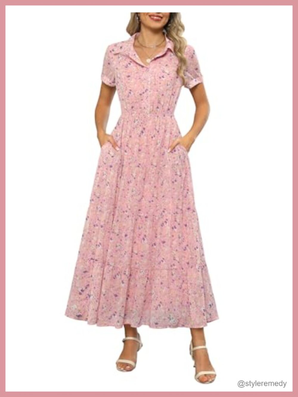 Womens Collared V Neck Short Sleeve Button Down Chiffon Tiered Floral Maxi Dress